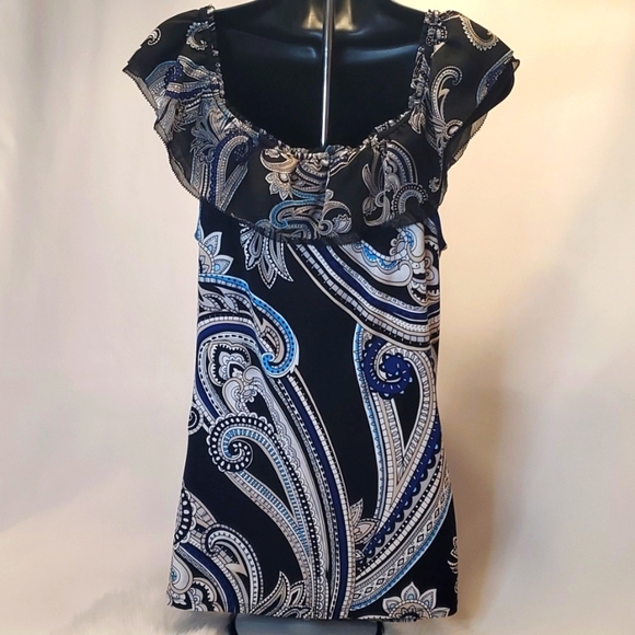 White House Black Market Blue & Black Paisley Print Ruffle Neck Top Size M - Picture 2 of 6